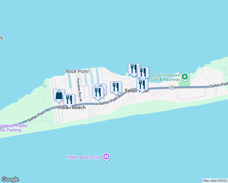 map of restaurants, bars, coffee shops, grocery stores, and more near 109 Oak Hill Lane in Atlantic Beach