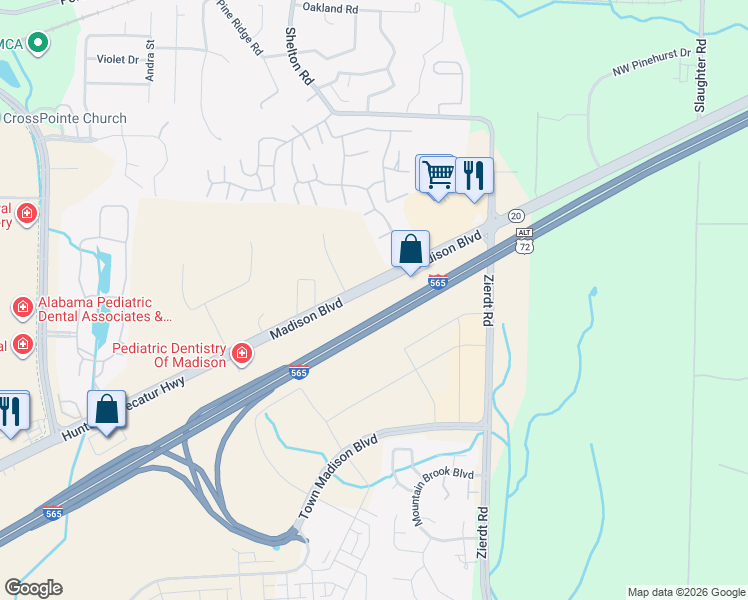 map of restaurants, bars, coffee shops, grocery stores, and more near 8075 Madison Boulevard in Madison