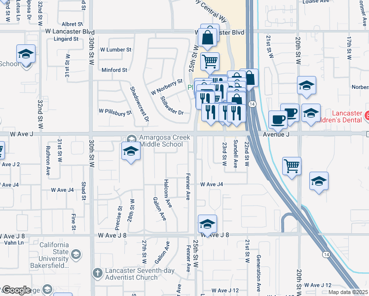 map of restaurants, bars, coffee shops, grocery stores, and more near 2535 Macfarlane Drive in Lancaster