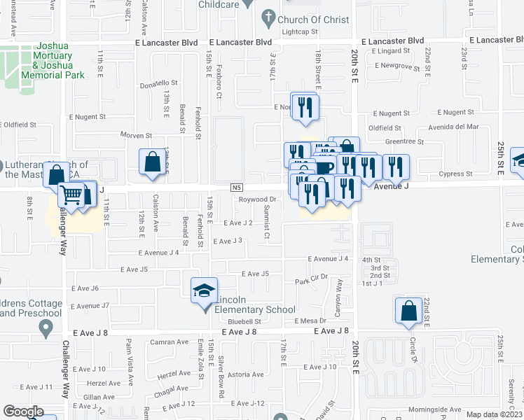 map of restaurants, bars, coffee shops, grocery stores, and more near 44321 Sunmist Court in Lancaster