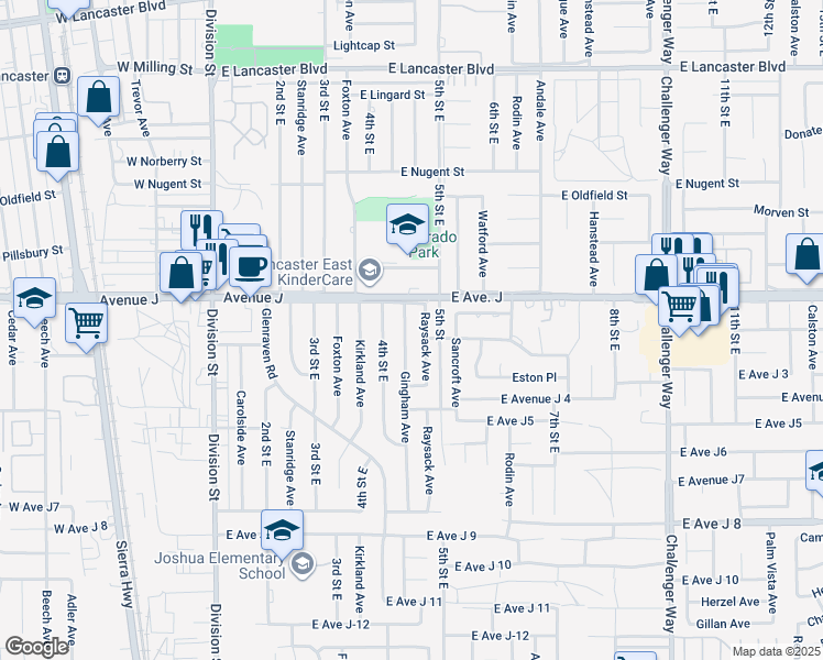 map of restaurants, bars, coffee shops, grocery stores, and more near 44314 Gingham Avenue in Lancaster