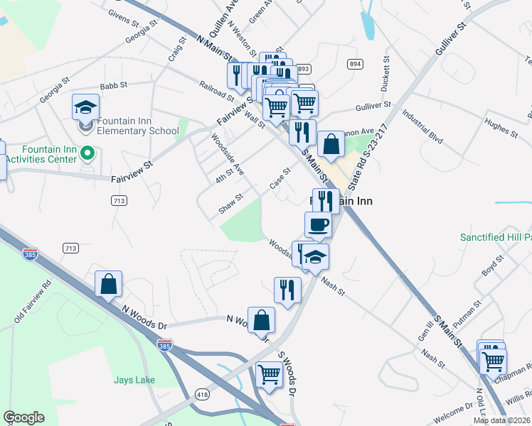 map of restaurants, bars, coffee shops, grocery stores, and more near 703 Woodside Avenue in Fountain Inn