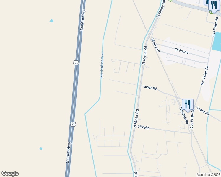 map of restaurants, bars, coffee shops, grocery stores, and more near 7 Mesa Del Norte in Belen