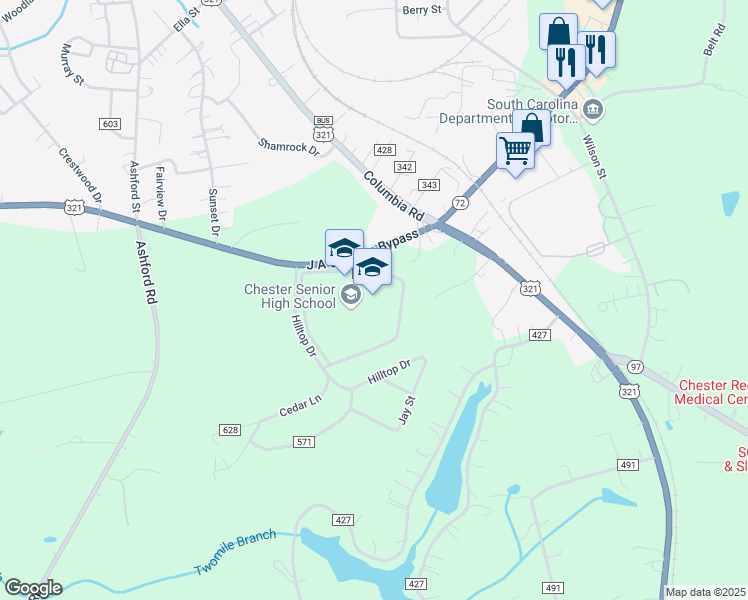 map of restaurants, bars, coffee shops, grocery stores, and more near 1330 J A Cochran Bypass in Chester