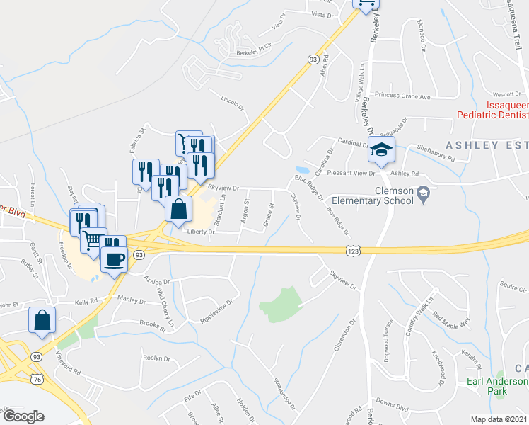 map of restaurants, bars, coffee shops, grocery stores, and more near 102 Grace Street in Clemson