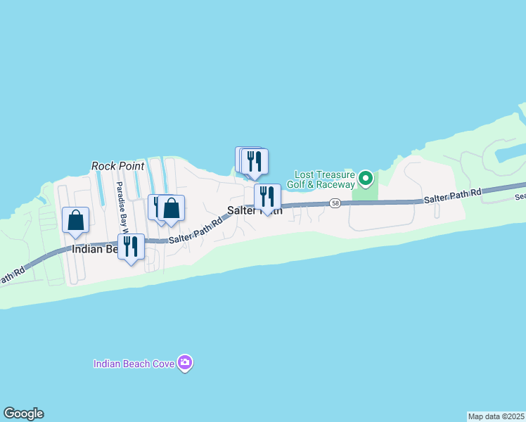 map of restaurants, bars, coffee shops, grocery stores, and more near 1181 Salter Path Road in Atlantic Beach