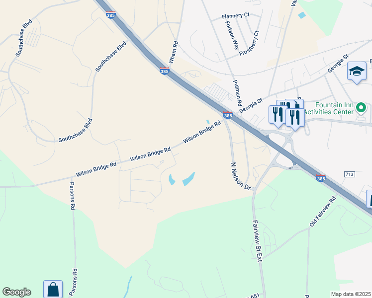 map of restaurants, bars, coffee shops, grocery stores, and more near 119 Wilson Bridge Road in Fountain Inn