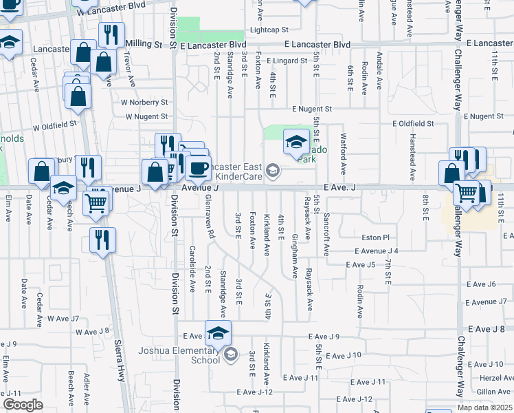 map of restaurants, bars, coffee shops, grocery stores, and more near 44328 Foxton Avenue in Lancaster