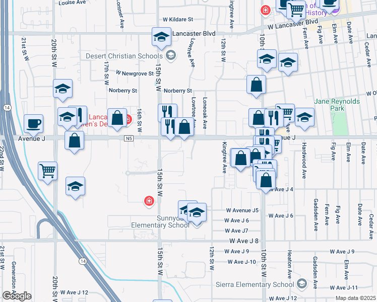 map of restaurants, bars, coffee shops, grocery stores, and more near 44323 Lowtree Avenue in Lancaster