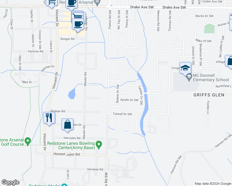 map of restaurants, bars, coffee shops, grocery stores, and more near 4310 Balwin Drive Southwest in Huntsville