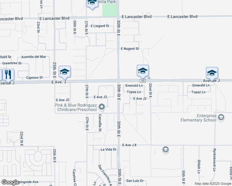 map of restaurants, bars, coffee shops, grocery stores, and more near 44316 Acacia Street in Lancaster