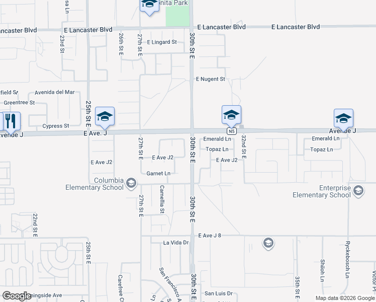 map of restaurants, bars, coffee shops, grocery stores, and more near 44316 Acacia Street in Lancaster