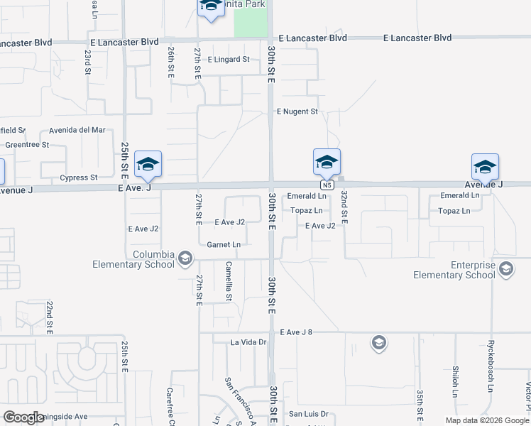 map of restaurants, bars, coffee shops, grocery stores, and more near 44316 Acacia Street in Lancaster