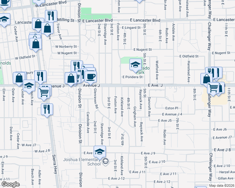 map of restaurants, bars, coffee shops, grocery stores, and more near 44328 Foxton Avenue in Lancaster
