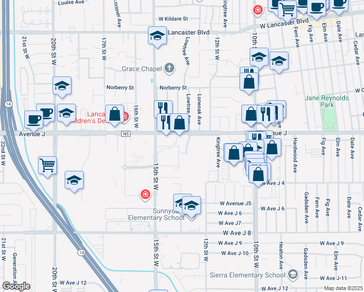 map of restaurants, bars, coffee shops, grocery stores, and more near 44323 Lowtree Avenue in Lancaster