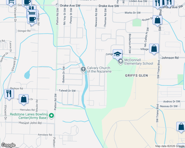 map of restaurants, bars, coffee shops, grocery stores, and more near 3916 Grunden Drive Southwest in Huntsville