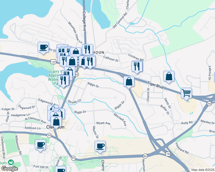 map of restaurants, bars, coffee shops, grocery stores, and more near 19 Stoney Creek Lane in Clemson