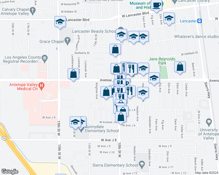 map of restaurants, bars, coffee shops, grocery stores, and more near 1026 West Avenue J in Lancaster