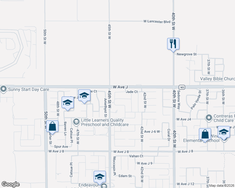map of restaurants, bars, coffee shops, grocery stores, and more near 4422 Jade Court in Lancaster