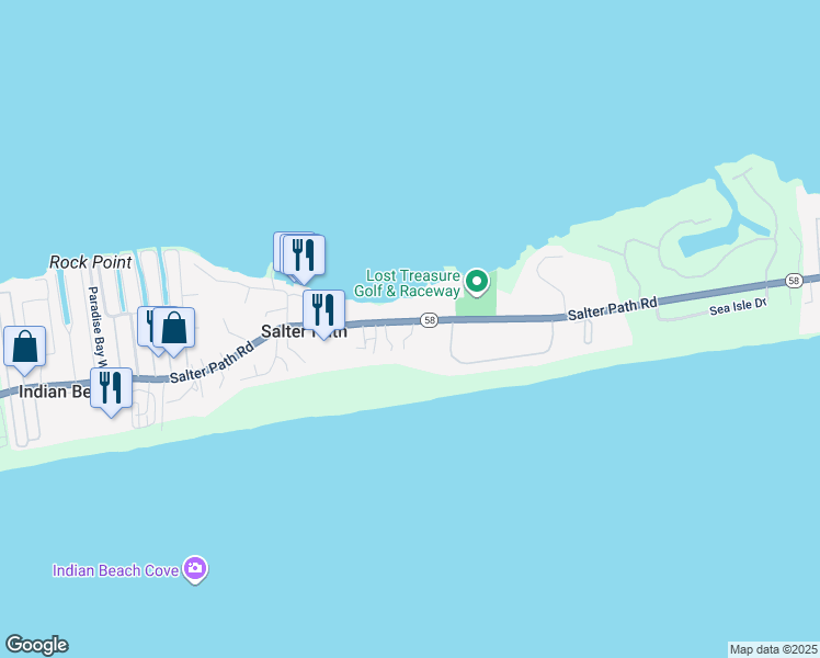 map of restaurants, bars, coffee shops, grocery stores, and more near 1045 Salter Path Road in Atlantic Beach