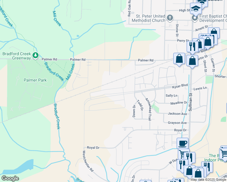 map of restaurants, bars, coffee shops, grocery stores, and more near 250 Palmer Road in Madison