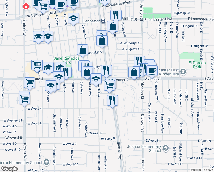 map of restaurants, bars, coffee shops, grocery stores, and more near 2 Sierra Highway in Palmdale