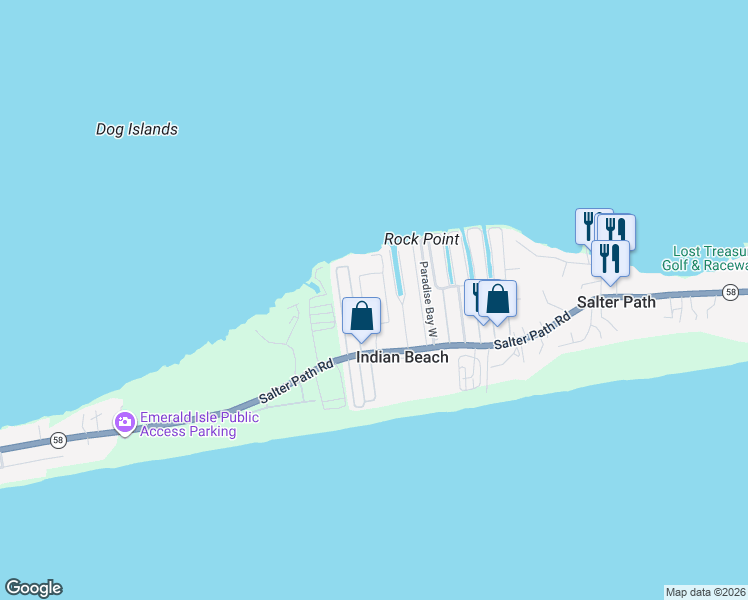 map of restaurants, bars, coffee shops, grocery stores, and more near 1550 Salter Path Road in Atlantic Beach