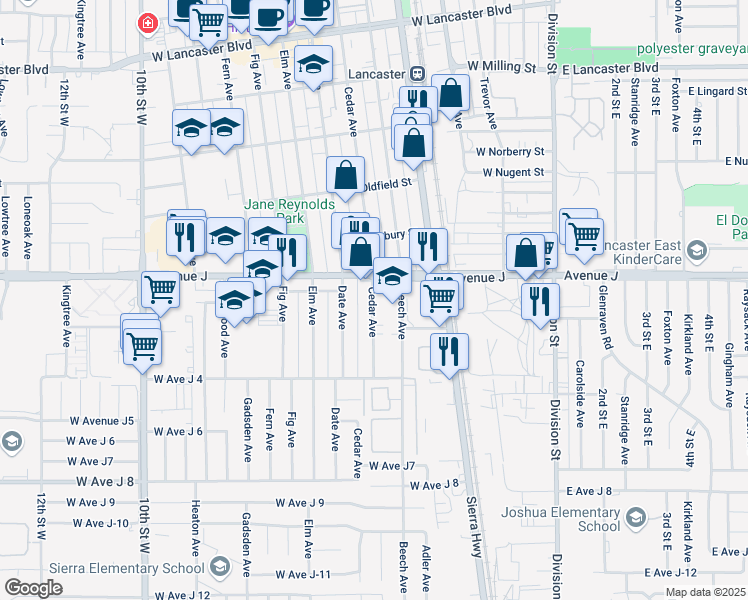 map of restaurants, bars, coffee shops, grocery stores, and more near 44351 Cedar Avenue in Lancaster