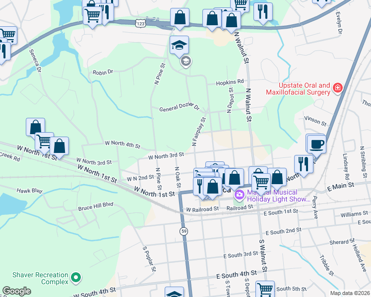 map of restaurants, bars, coffee shops, grocery stores, and more near 404 North Fairplay Street in Seneca