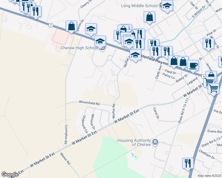 map of restaurants, bars, coffee shops, grocery stores, and more near 400 Moffat Road in Cheraw