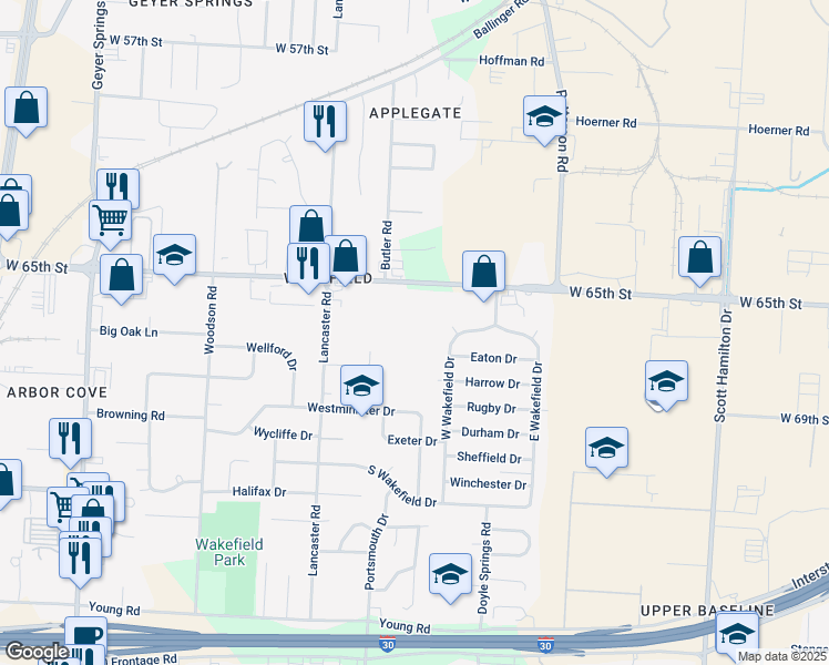 map of restaurants, bars, coffee shops, grocery stores, and more near 5001 West 65th Street in Little Rock