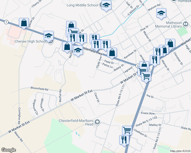 map of restaurants, bars, coffee shops, grocery stores, and more near 309 Clyde Avenue in Cheraw
