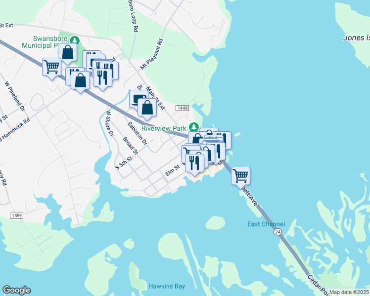 map of restaurants, bars, coffee shops, grocery stores, and more near 106 South Walnut Street in Swansboro