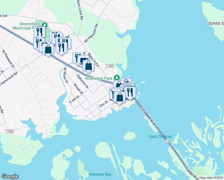 map of restaurants, bars, coffee shops, grocery stores, and more near 106 South Walnut Street in Swansboro