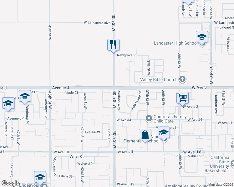 map of restaurants, bars, coffee shops, grocery stores, and more near 4005 Vía Constance in Lancaster