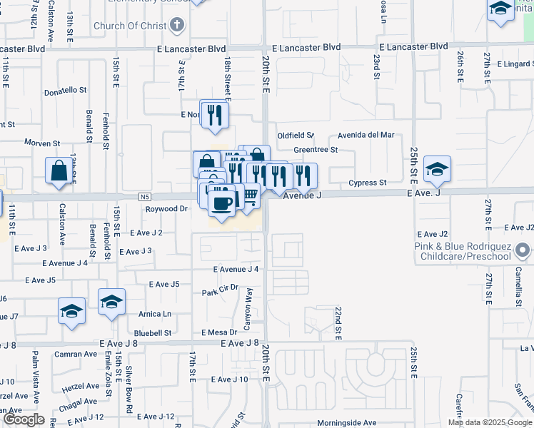 map of restaurants, bars, coffee shops, grocery stores, and more near 44258 20th Street East in Lancaster