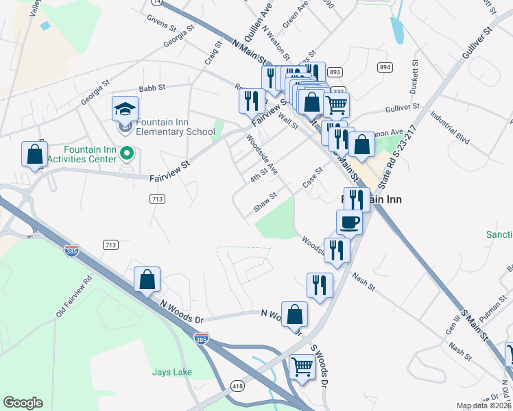 map of restaurants, bars, coffee shops, grocery stores, and more near 114 Shaw Street in Fountain Inn