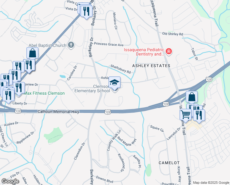 map of restaurants, bars, coffee shops, grocery stores, and more near 581 Berkeley Drive in Clemson