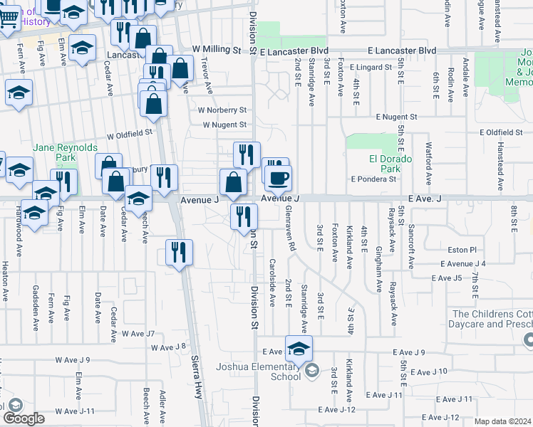 map of restaurants, bars, coffee shops, grocery stores, and more near 44826 Raysack Avenue in Lancaster