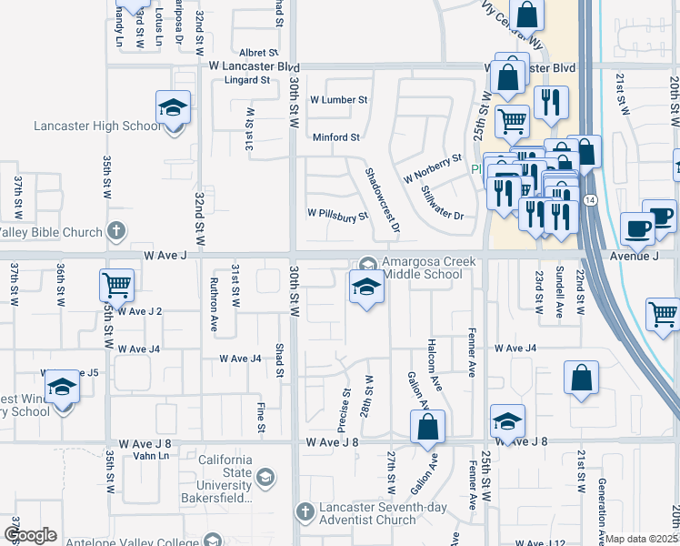 map of restaurants, bars, coffee shops, grocery stores, and more near 44342 Monroe Lane in Lancaster