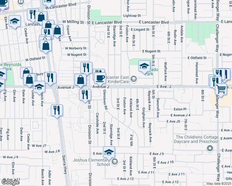 map of restaurants, bars, coffee shops, grocery stores, and more near 44363 3rd Street East in Lancaster