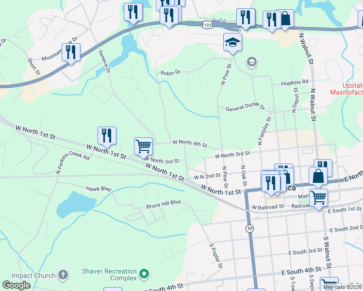 map of restaurants, bars, coffee shops, grocery stores, and more near 310 North Chestnut Street in Seneca