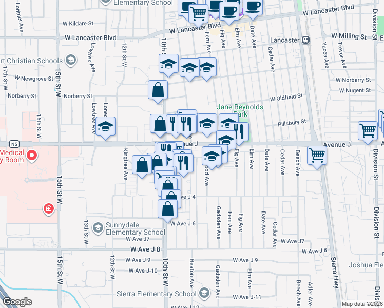 map of restaurants, bars, coffee shops, grocery stores, and more near 835 East Avenue J 1 in Lancaster