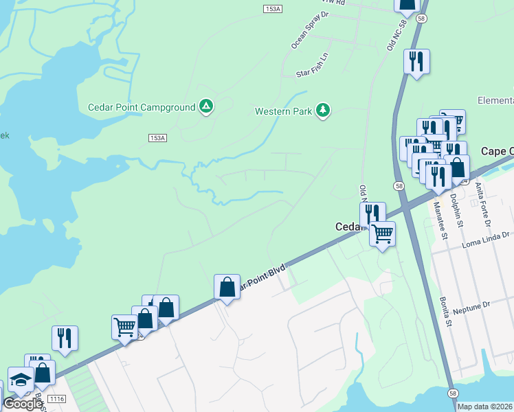 map of restaurants, bars, coffee shops, grocery stores, and more near 118 Little Bay Drive in Swansboro