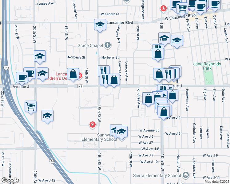 map of restaurants, bars, coffee shops, grocery stores, and more near 44335 Lowtree Avenue in Lancaster