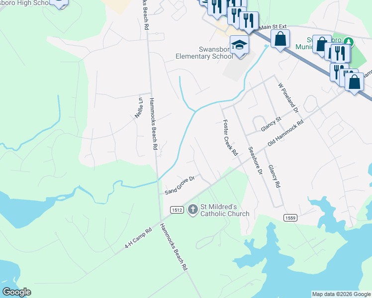 map of restaurants, bars, coffee shops, grocery stores, and more near 116 Creek End Court in Swansboro