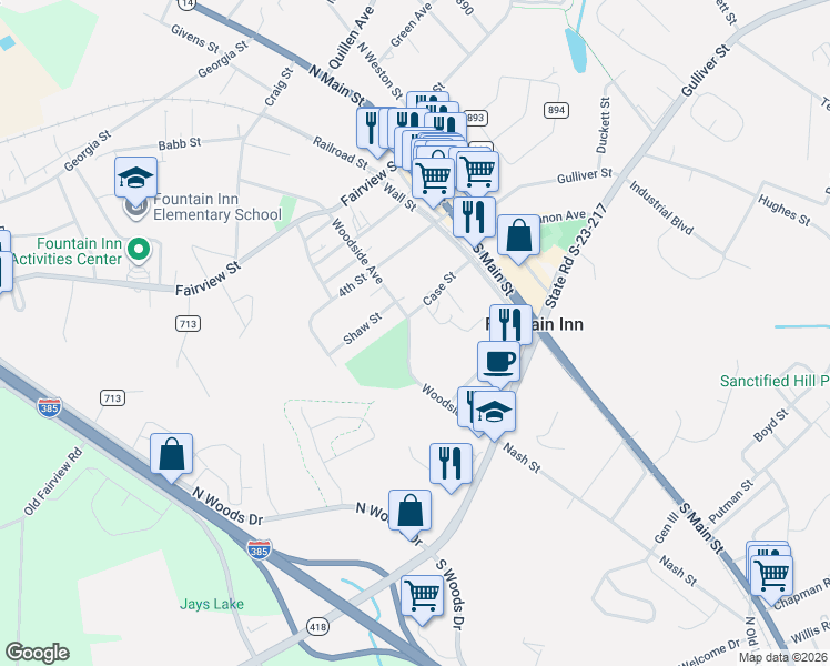 map of restaurants, bars, coffee shops, grocery stores, and more near 703 Woodside Avenue in Fountain Inn
