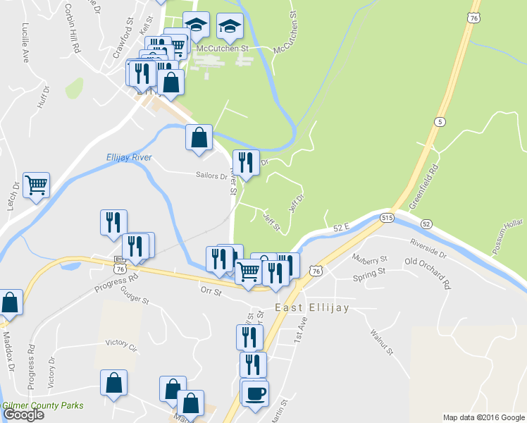 map of restaurants, bars, coffee shops, grocery stores, and more near 99 Depot Pl in Ellijay