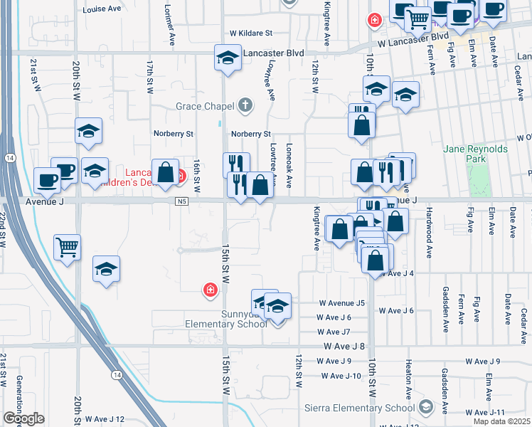 map of restaurants, bars, coffee shops, grocery stores, and more near 44335 Lowtree Avenue in Lancaster