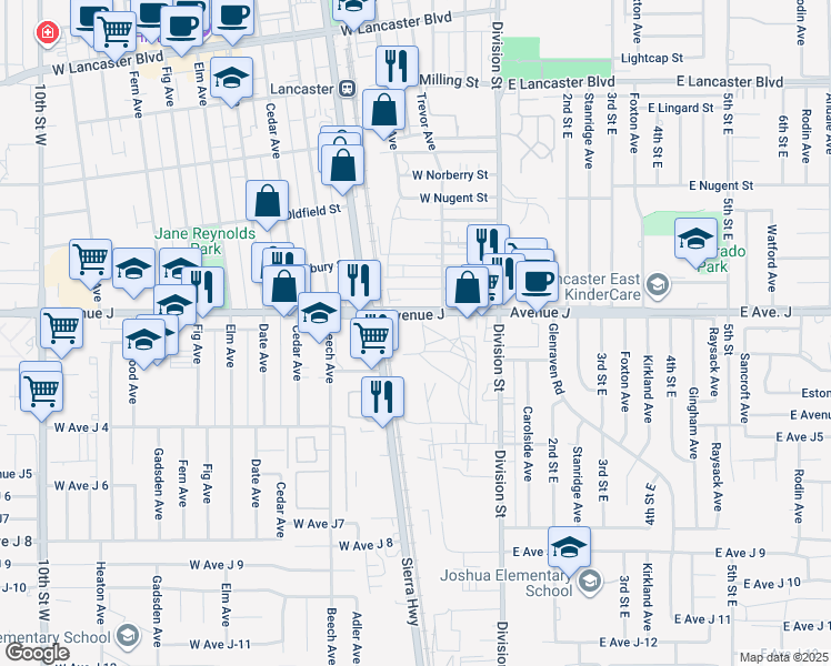 map of restaurants, bars, coffee shops, grocery stores, and more near 412 West Avenue J in Lancaster